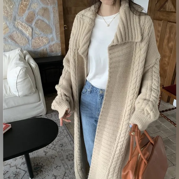533 Beige Tan Cardigan Coat Maxi Open Duster Long Fuzzy Comfortable sweater - Picture 6 of 10